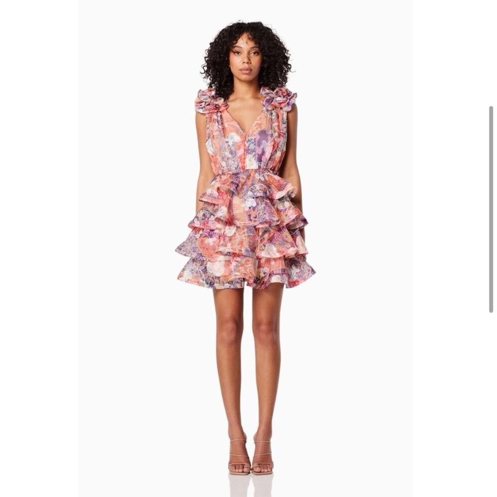 elliatt electro red multi print floral embroidered tiered ruffle mini dress NEW - Picture 2 of 9